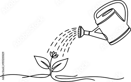 Continuous line art of a watering can pouring water onto stylized ground, symbolizing growth and care, excellent for gardening, nature, or environmental promotions and educational designs