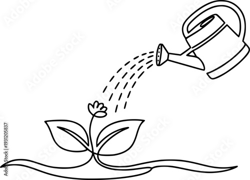 Continuous line art of a watering can pouring water onto stylized ground, symbolizing growth and care, excellent for gardening, nature, or environmental promotions and educational designs