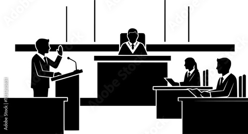 Courtroom scene depicting a witness taking an oath while a judge presides over the legal proceedings, ideal for illustrating law, justice, and trial concepts