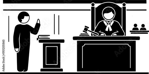 Courtroom scene depicting a witness taking an oath while a judge presides over the legal proceedings, ideal for illustrating law, justice, and trial concepts