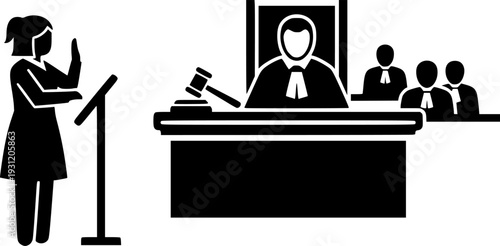 Courtroom scene depicting a witness taking an oath while a judge presides over the legal proceedings, ideal for illustrating law, justice, and trial concepts