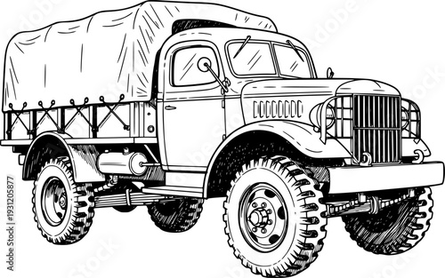 Detailed ink sketch of a classic army transport vehicle with heavy duty tires and enclosed bed