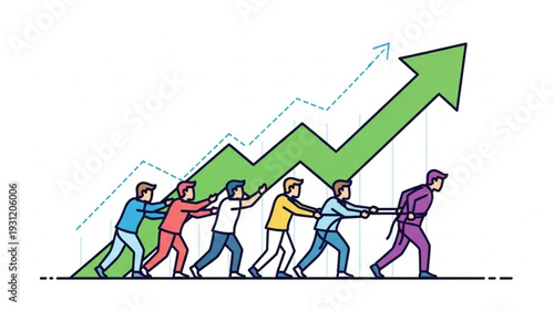 Teamwork pushing a green arrow graph upwards representing business growth.