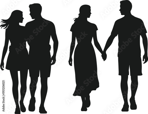 Black silhouette of two young couples walking together holding hands and embracing outdoors on a white background representing love friendship and summer romance