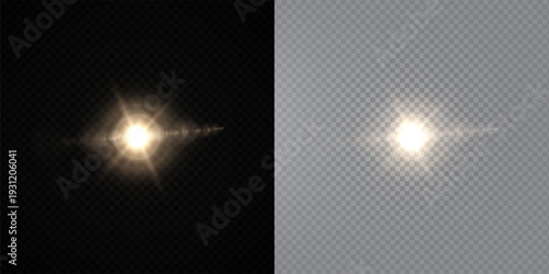 Glowing Golden Star Light Effect with Sparkle Rays and Lens Flare Illumination on Transparent Background