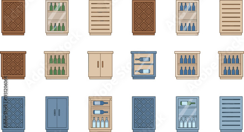Wine Storage Cabinet Illustration Set with Wooden and Glass Bottle Display Units for Kitchen, Bar, Cellar, and Interior Vector Design