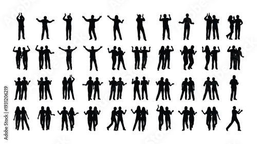 Collection of black silhouettes of people in various poses isolated on white background, Vector