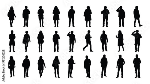 A collection of human silhouettes in various poses and outfits isolated on white background, Vector