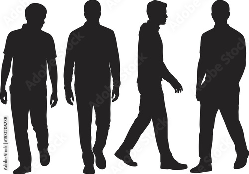 Black silhouettes of diverse men walking and standing in casual clothing isolated on white background for architectural visualization and urban lifestyle vector design projects.