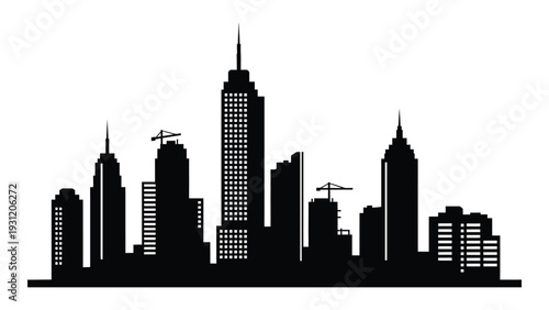 A black silhouette of a city skyline with skyscrapers and cranes isolated on white background, Vector