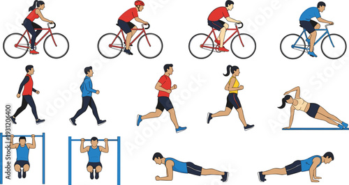 Set of Illustrations Featuring People Engaged in Cycling, Running, Walking, and Fitness Exercises