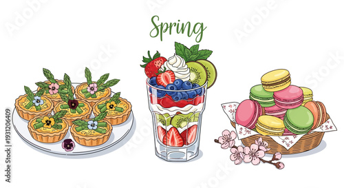Delicious spring desserts with asparagus tartlets, fruit parfait and colorful macarons