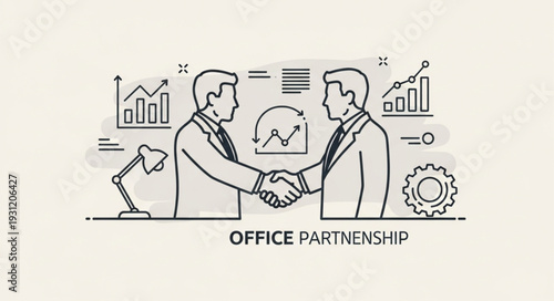 Two businessmen shaking hands in agreement with office charts and graphs.