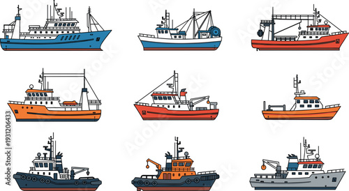 Set of Illustrations Featuring Different Types of Fishing and Cargo Ships