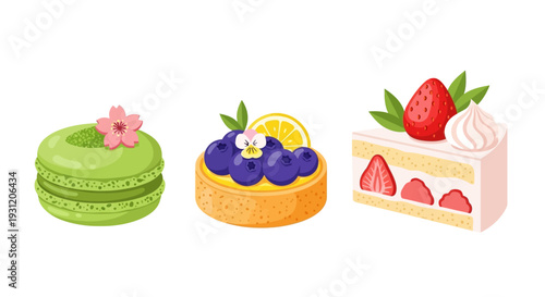 Delicious desserts with fresh fruits and flowers on top