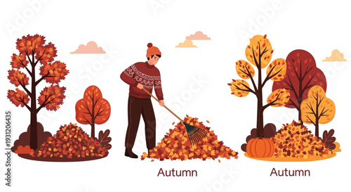 Man raking leaves on a crisp autumn day with vibrant trees