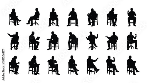 A collection of black silhouettes of people sitting in chairs isolated on white background, Vector