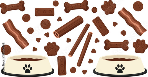 Dog Treats and Food Bowl Set Cute Pet Snack Bones Cookies and Bacon Vector Illustration