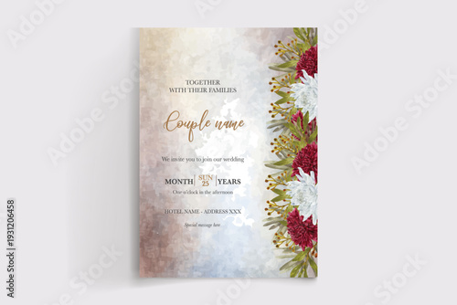 WEDDING INVITATION FRAME WITH FLOWER DECORATIONS AND FRESH LEAVES