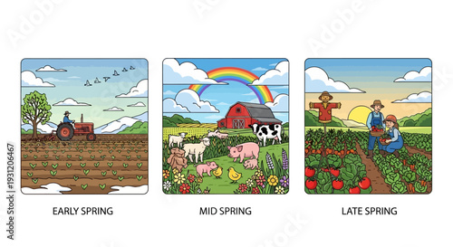 Vibrant farm scenes showing seasonal changes in early, mid, and late spring