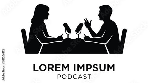 A black and white logo of two people sitting at a table with microphones isolated on white background, Vector