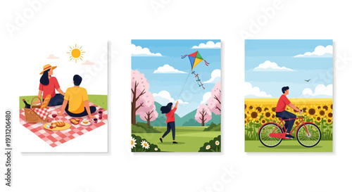 People enjoying outdoor activities in nature with flowers and sunshine