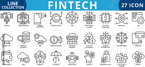 Fintech icon set outline style icon set collection vector illustration