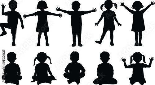 Set of ten black silhouettes of children in various standing and sitting poses isolated on white background for diverse group education and childhood concepts