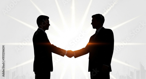Two businessmen shaking hands in silhouette against bright sunburst background.