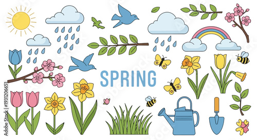 Vibrant spring illustration with flowers, birds, and gardening tools