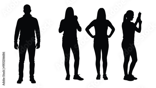 Four people standing in a line in silhouette isolated on white background, Vector