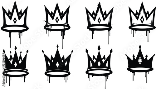 Graffiti Crown Silhouette Set Dripping King Royal Street Art Symbols Black Vector Collection