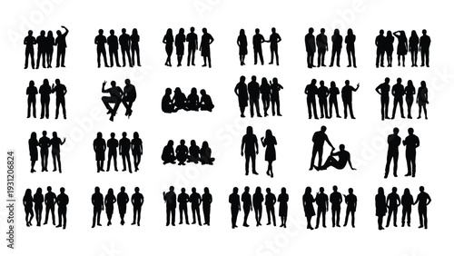 A collection of black silhouettes of people in various poses and activities isolated on white background, Vector