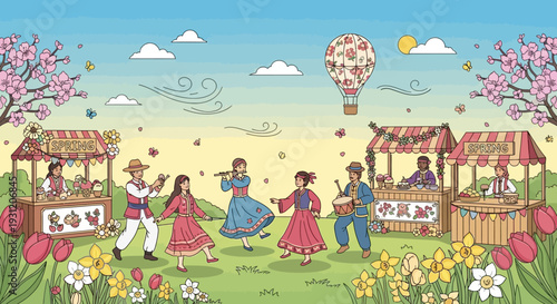 Vibrant spring celebration with dancing and food stalls