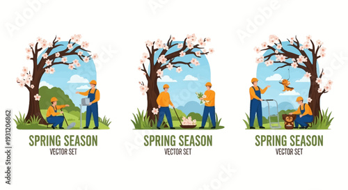 Workers enjoying spring season with blooming cherry blossom trees