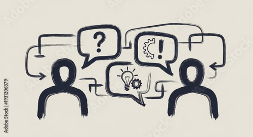 Two people communicating with thought bubbles showing ideas and questions.