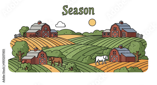 Serene farm landscape with barns and grazing cows