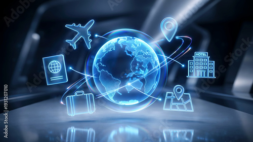 Global travel booking concept with airplane passport hotel map and luggage icons around digital earth hologram tourism technology interface