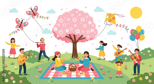 People enjoying picnic in park with kite flying and musical fun