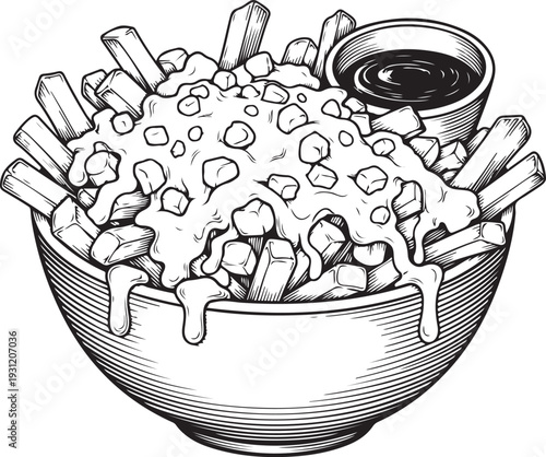 Cheesy fries in bowl vector illustration, vintage sketch hand drawn loaded potato fries with sauce isolated on transparent background