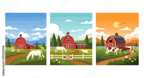Charming rural landscape with red barns and grazing animals