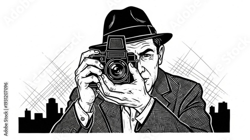 Vintage Photographer Holding Old Camera Ready to Take Photo.