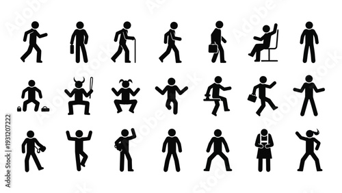Various black silhouette icons of people performing actions isolated on white background, Vector
