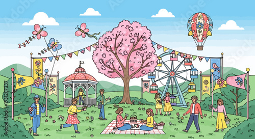 Vibrant outdoor festival with people enjoying picnic and rides