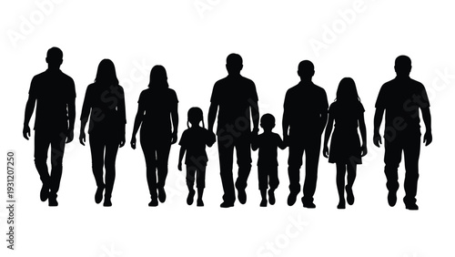 A group of people walking together in silhouette isolated on white background, Vector