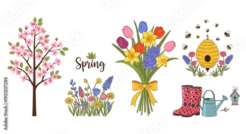 Vibrant spring flowers and gardening tools in colorful illustration