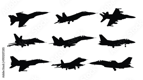 A group of black silhouettes of various fighter jets flying in formation isolated on white background, Vector