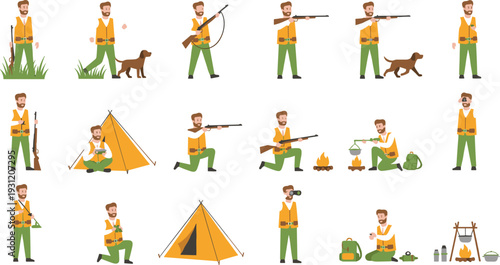 Hunter Character Illustration Set with Rifle, Dog, Camping Tent, Fire, and Outdoor Activities for Hunting and Adventure Vector Designs