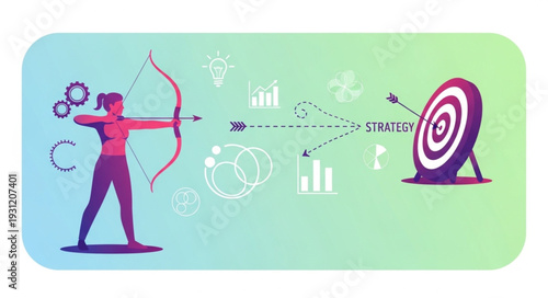 Woman aiming bow and arrow at target with arrows flying towards bullseye.