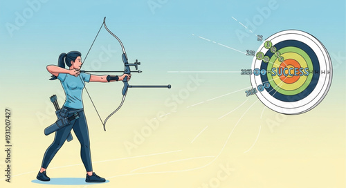 Woman Archer Aiming Bow and Arrow at Target.